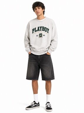 PLAYBOY Heather Grey Forrest Green Logo Varsity Crewneck Sweater - XL GUC